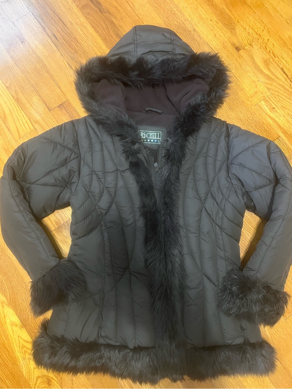 Girls Big Chill Brown Faux-Fur Trim Quilted Hooded jacket kids size: 14/16